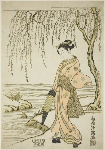 A Young Woman Watching Frogs (parody of Ono no Tôfû) by Torii Kiyomitsu, print, 1755-1765