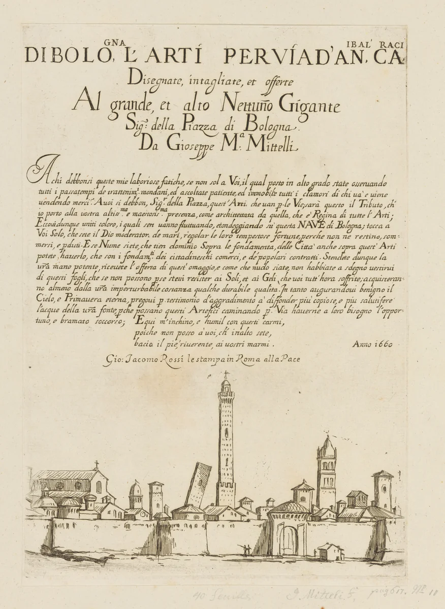 Frontispiece depicting a View of Bologna, from Di Bologna l'Arti per via D'An.ibal' Ca.rac, plate 1 by Giuseppe Maria Mitelli, print, 1660