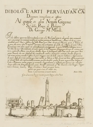 Frontispiece depicting a View of Bologna, from Di Bologna l'Arti per via D'An.ibal' Ca.rac, plate 1 by Giuseppe Maria Mitelli, print, 1660