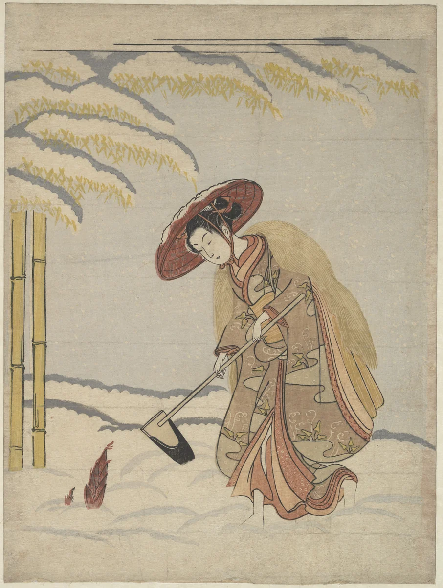 Woman Digging Bamboo Shoots in the Snow, or Parody of Meng Zong (Mōsō), from Twenty-Four Paragons of Filial Piety by Suzuki Harunobu (鈴木春信), print, 1755-1775