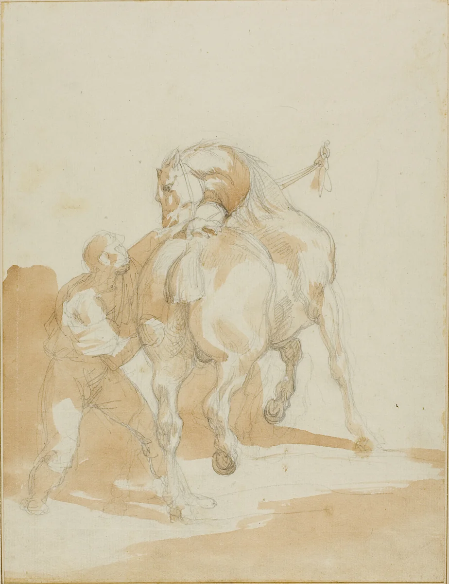 Stableboy Grooming a Horse by Jean Louis André Théodore Géricault, drawing, 1814