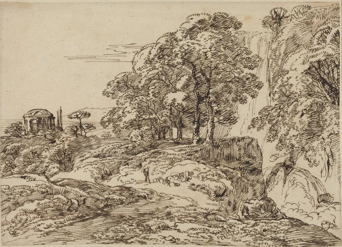 Pastoral Landscape with a Waterfall and a Temple by Franz Kobell, drawing, 1749-1822