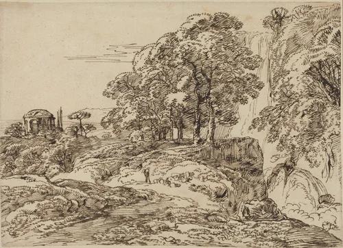 Pastoral Landscape with a Waterfall and a Temple by Franz Kobell, drawing, 1749-1822