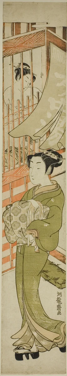 Young Woman Emerging from a Bathhouse by Isoda Koryusai, print, 1767-1777