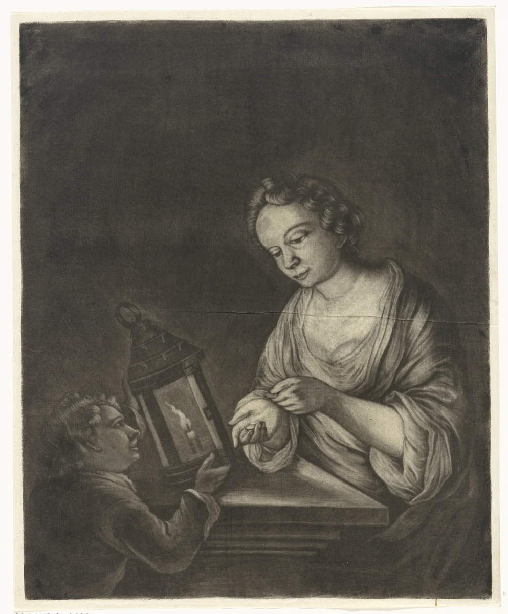 Jongen ontvangt geld van een vrouw by Jacob Hoolaart, print, 1723-1789
