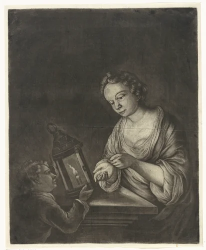 Jongen ontvangt geld van een vrouw by Jacob Hoolaart, print, 1723-1789