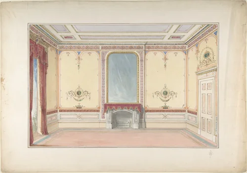 Interior: Fireplace wall by John Gregory Crace, drawing, 1825-1900