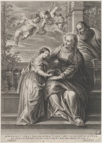 The education of the Virgin, with Saint Anne and the Virgin Mary reading with two putti overhead and Saint Joachim behind them at right by Schelte Adams Bolswert, print, 1625-1654