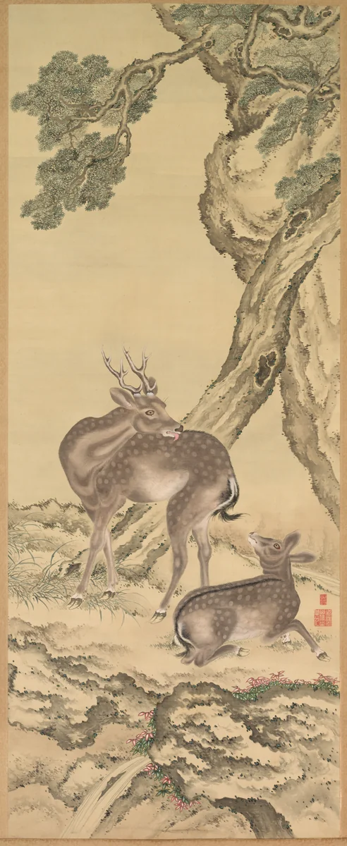 Symbols of Longevity: Deer under Peach and Pine (Peach) (left) by Toda Tadanaka, painting, 1801