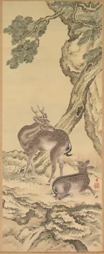 Symbols of Longevity: Deer under Peach and Pine (Peach) (left) by Toda Tadanaka, painting, 1801