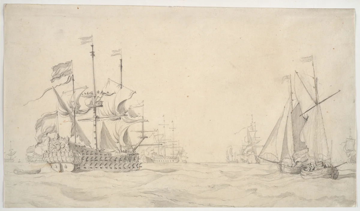 A Large Dutch Ship with a Fleet at Sea and Two Small Vessels by Willem van de Velde, drawing, 1669-1675