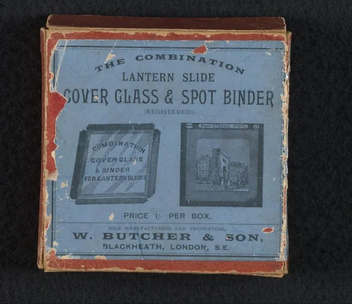 1 leeg doosje W.Butcher & Son lantaarnplaatjes by Machiel Gerrit George Suyver, photograph, 1890-1898