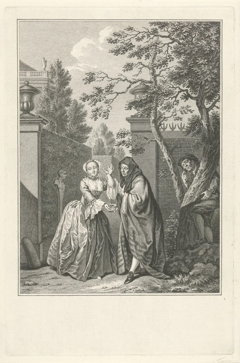 Man en vrouw bij de ingang van een tuin by Simon Fokke, print, 1734-1764
