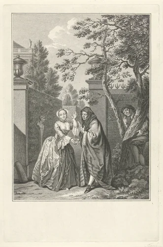 Man en vrouw bij de ingang van een tuin by Simon Fokke, print, 1734-1764
