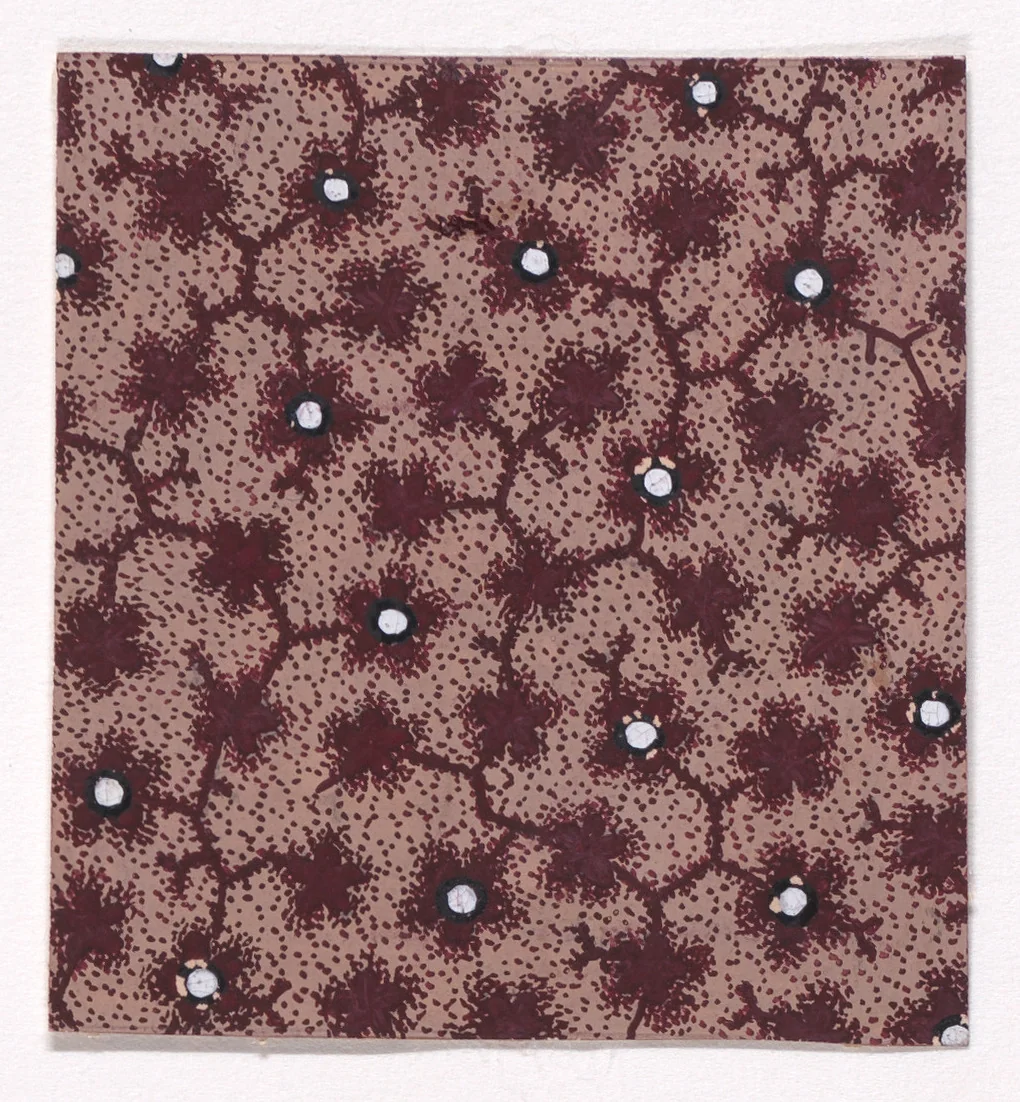 Textile Design with a Network of Branches with Stylized Leaves and Flowers and Pearls Over a Stippled Background by anonymous, drawing, 1840