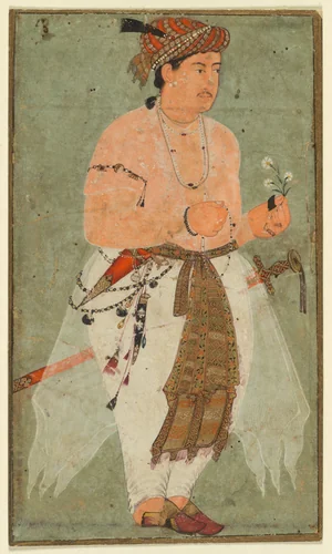 A Mughal Prince, Perhaps Danyal, Holding a Sprig of Flowers by Unknown, painting, 1575-1595