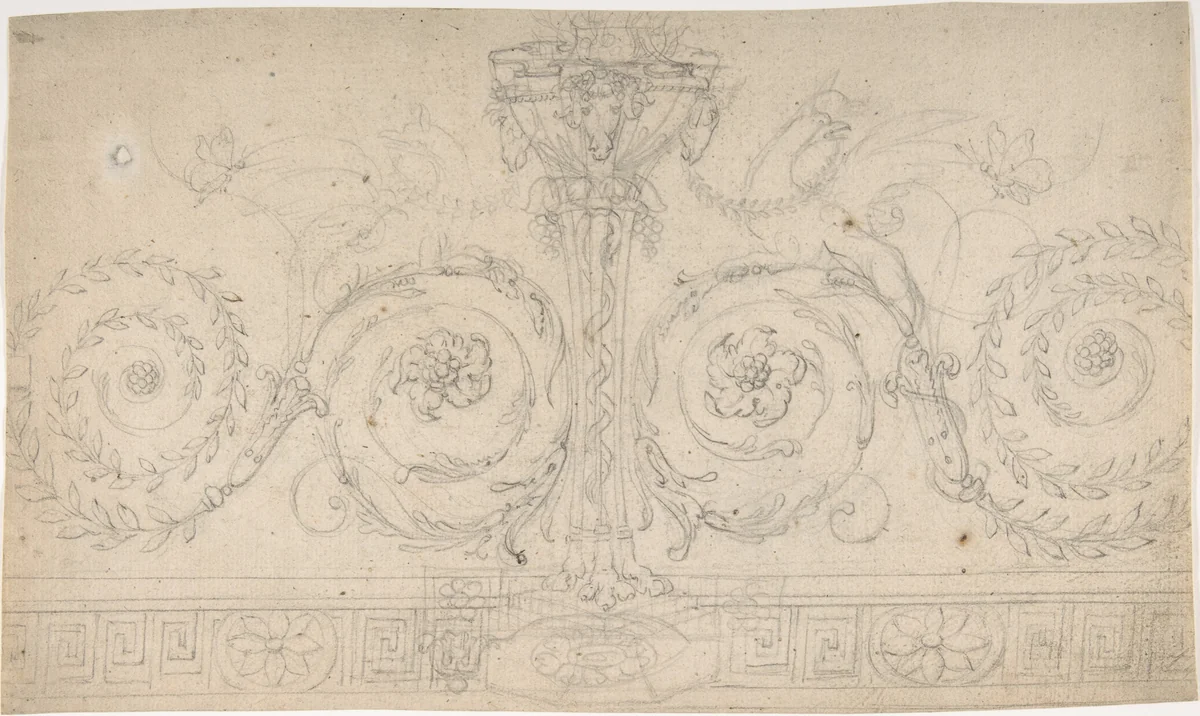 Ornament with Claw-footed Urn, Lynxes, Butterflies and Foliage above a Greek Meander by anonymous, drawing, 1775-1825
