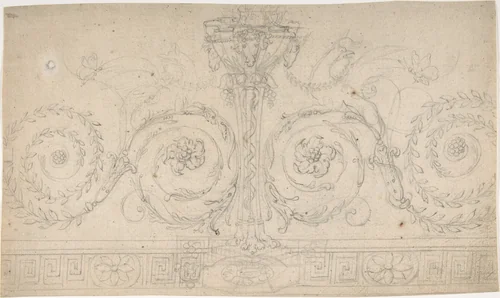 Ornament with Claw-footed Urn, Lynxes, Butterflies and Foliage above a Greek Meander by anonymous, drawing, 1775-1825