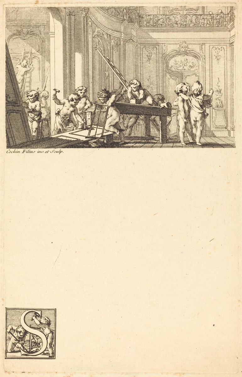 Putti Preparing the Interior Decoration of a Mansion by Charles Nicolas Cochin II, print, 1737-1738