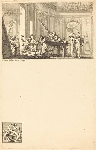 Putti Preparing the Interior Decoration of a Mansion by Charles Nicolas Cochin II, print, 1737-1738
