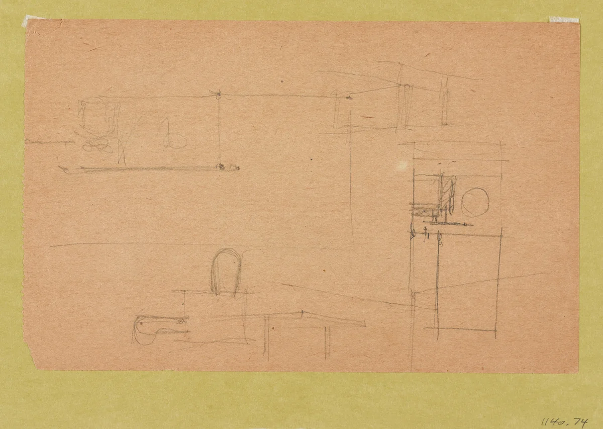 Unknown Building (recto). Unknown Building. Chair with arms (verso). (Plan, elevation and perspective sketches) by Ludwig Mies van der Rohe, mies van der rohe archive, 1926