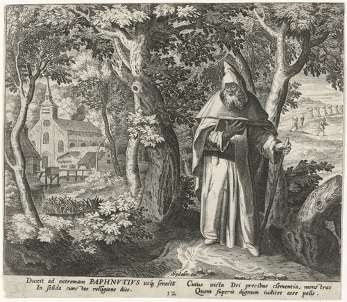 Paphnutius als kluizenaar by Johann Sadeler, print, 1583-1588
