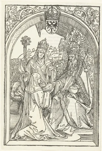 Roswitha van Gandersheim biedt keizer Otto I een exemplaar van haar boek aan by Unknown, print, 1501