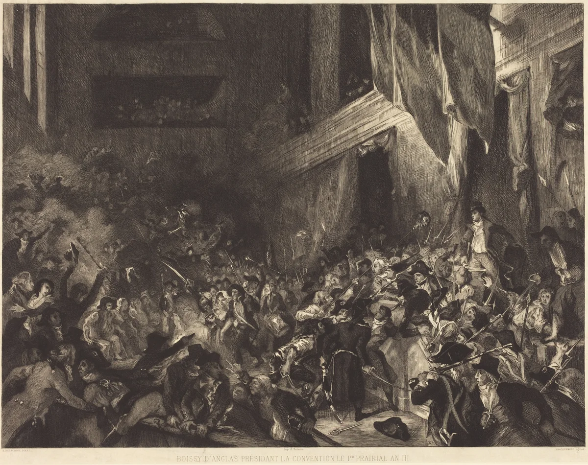 Boissy d'Anglas présidant la Convention le 1er Prairial An III by Félix Bracquemond; Eugène Delacroix, print, 1882