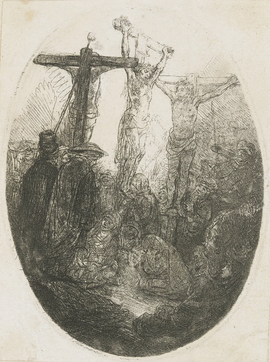 Christ crucified between the two thieves: an oval plate by Rembrandt van Rijn, print, 1641