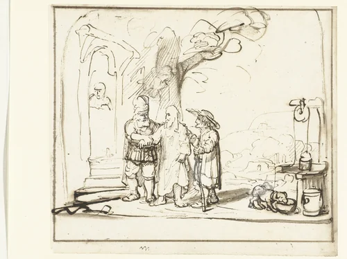 Christus en twee discipelen voor de herberg te Emmaüs by Nicolaes Maes, drawing, 1650-1655