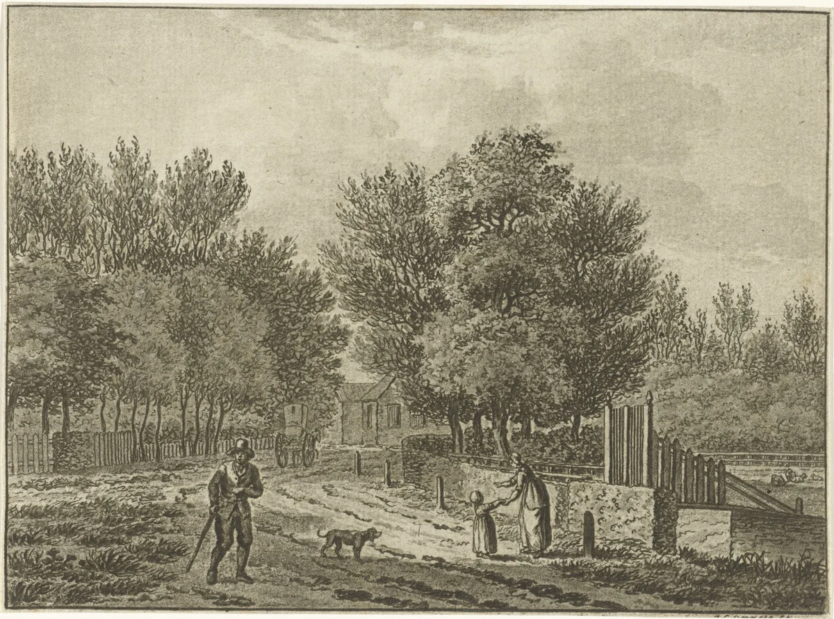 Landschap bij Overveen met enkele wandelaars by Jan Evert Grave, print, 1769-1805