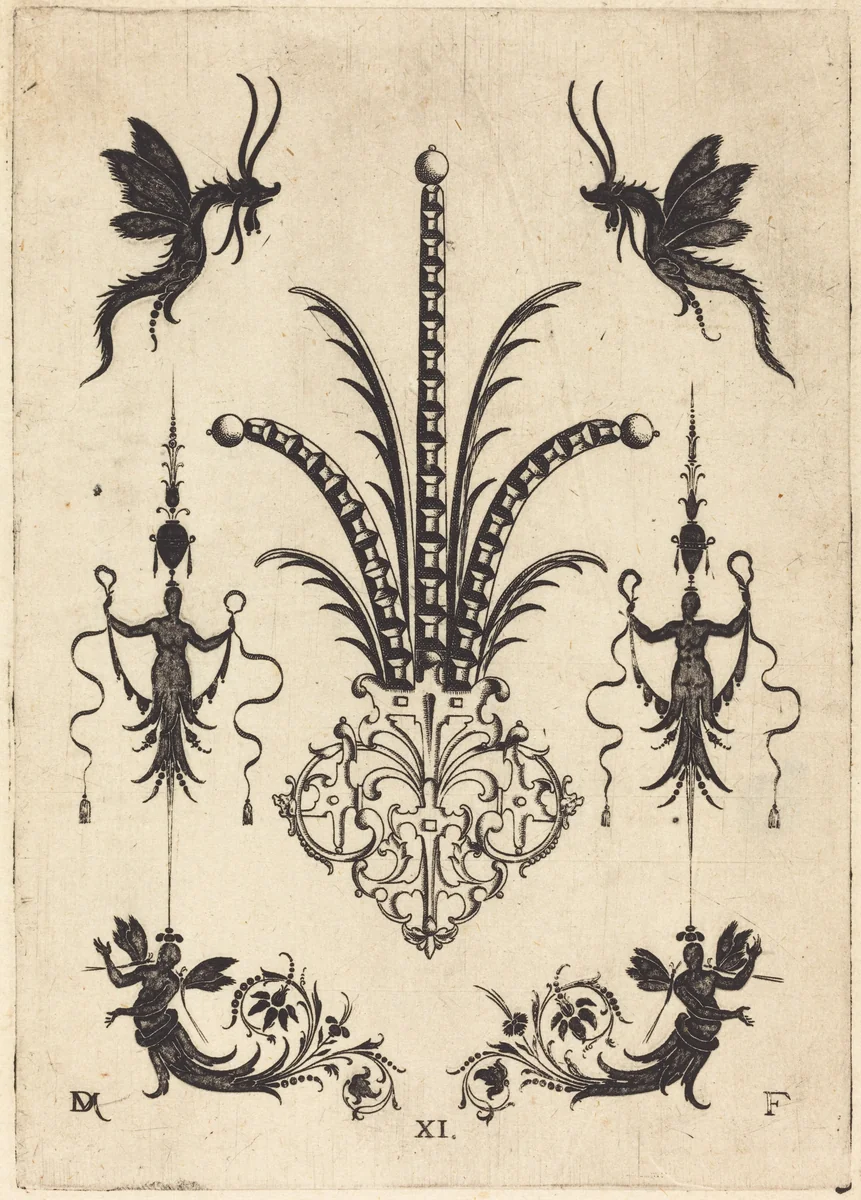 Brooch with Table-Stones, Winged Animals at Top, and Winged Human Beings at Bottom by Daniel Mignot, print, 1596