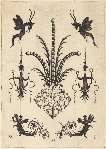 Brooch with Table-Stones, Winged Animals at Top, and Winged Human Beings at Bottom by Daniel Mignot, print, 1596