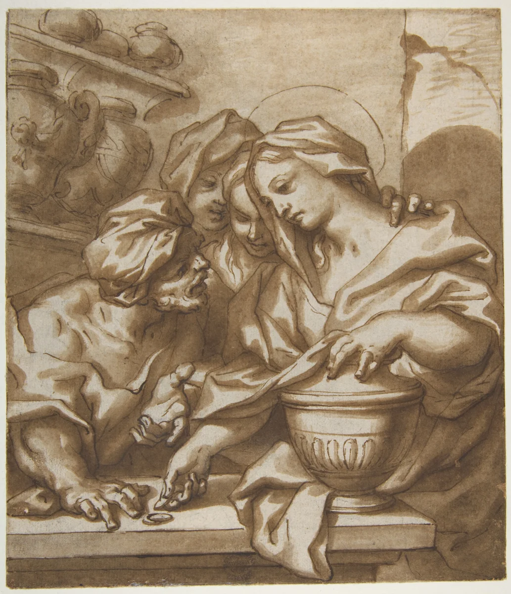 Mary Magdalen Buying Ointment by Paolo Gerolamo Piola, drawing, 1666-1724