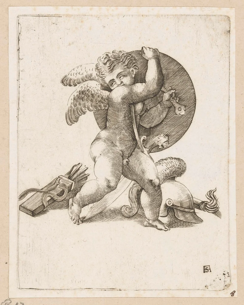 Putto met wapens by Unknown, print, 1540-1585