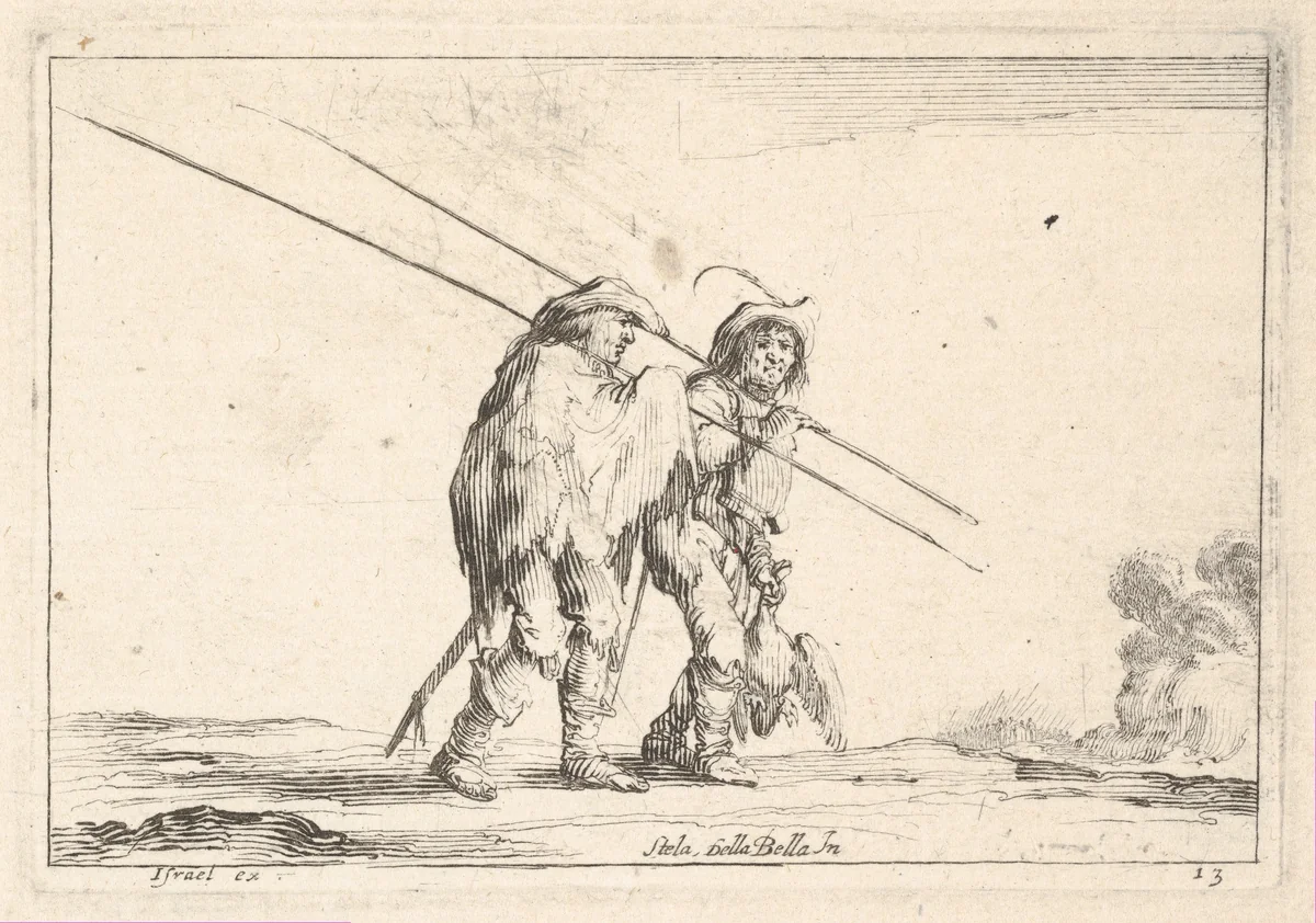 Plate 13: Two pikemen walking towards the right, each with their pikes in their right hands, from "Various Figures" (Agréable diversité de figures) by Stefano della Bella, print, 1642