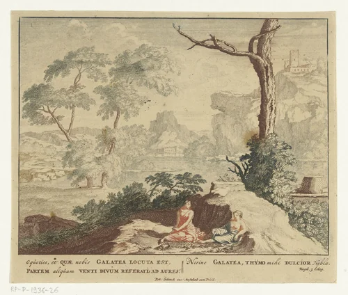 Landschap met twee herderinnen by Jan van Call, print, 1666-1706