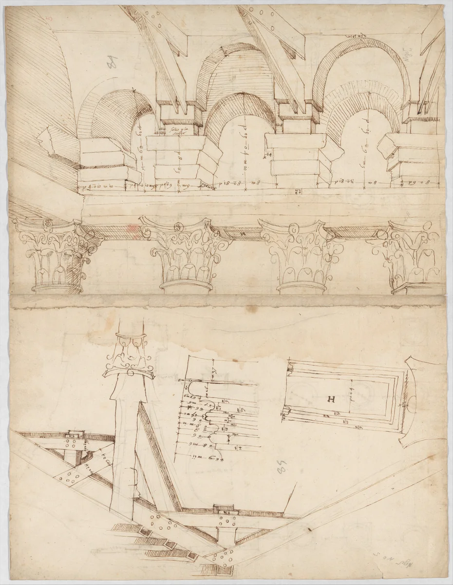 Pantheon, portico, plan (recto) Pantheon, portico, details and perspective (verso) by anonymous, drawing, 1500-1560