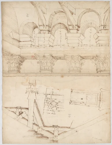 Pantheon, portico, plan (recto) Pantheon, portico, details and perspective (verso) by anonymous, drawing, 1500-1560