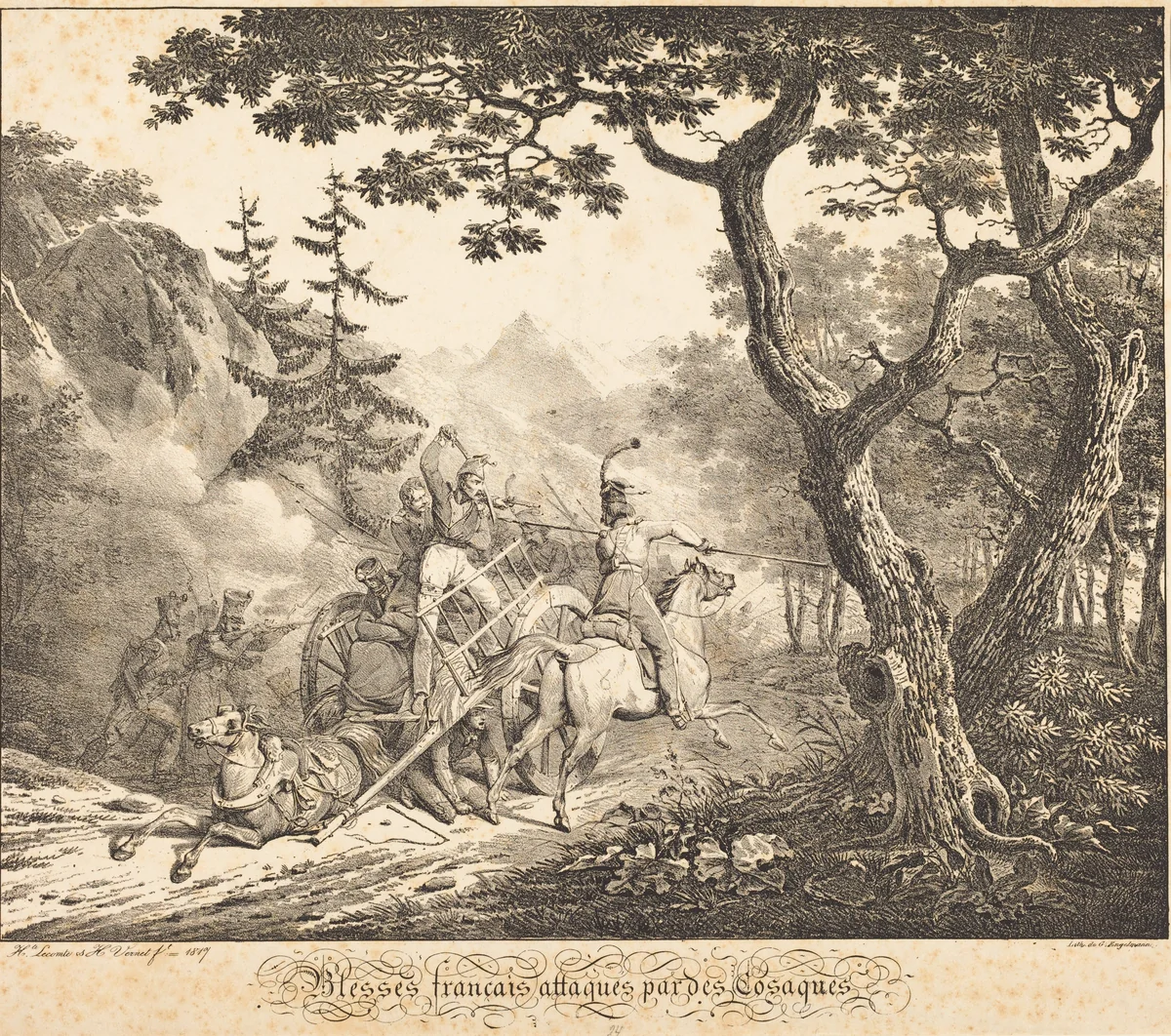 Wounded French Attacked by a Cosack by Hippolyte Lecomte; Horace Vernet, print, 1817