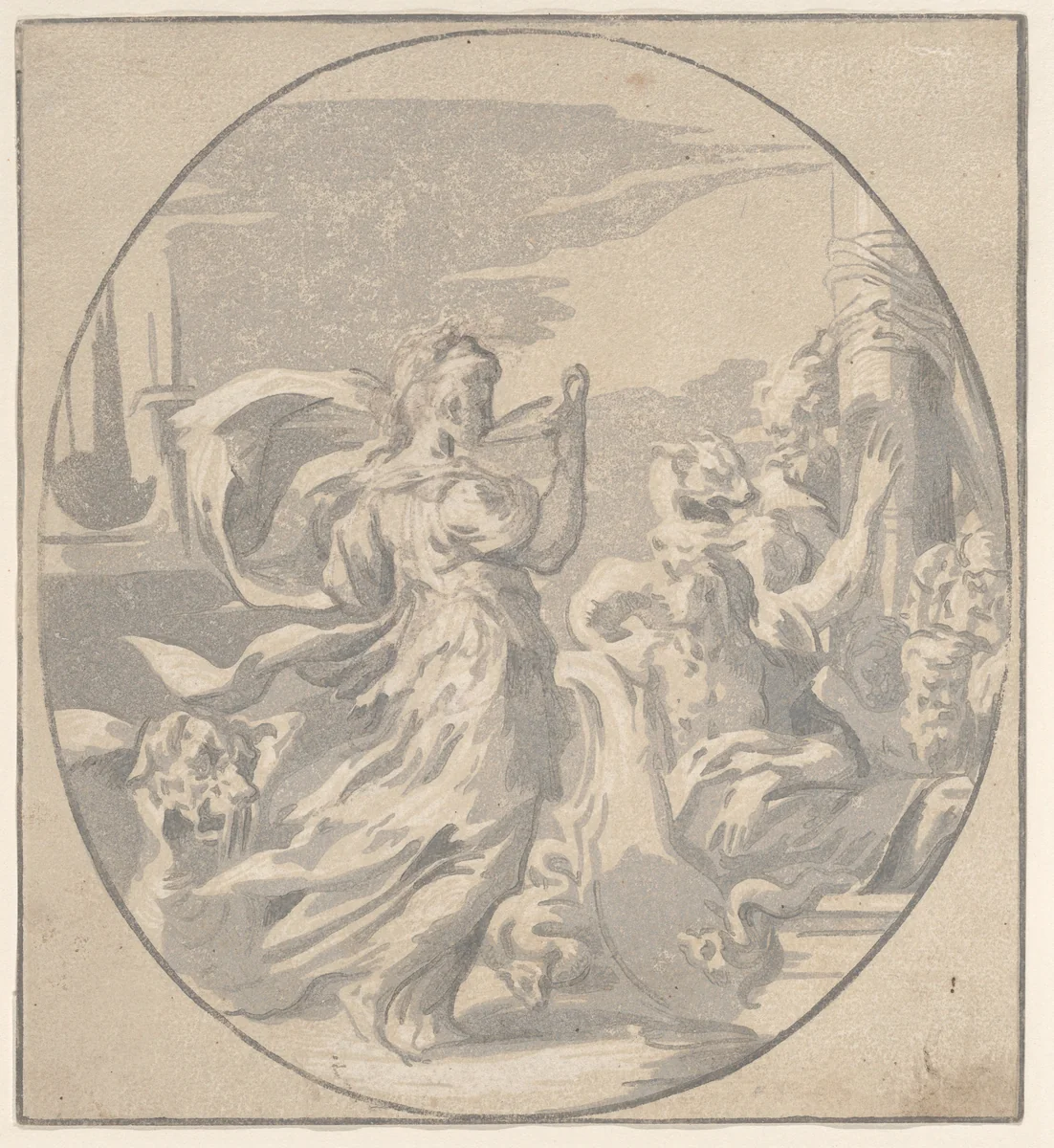 Circe drinking from a cup, an oval composition by Niccolò Vicentino, print, 1535-1545