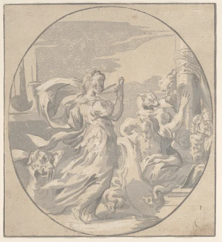Circe drinking from a cup, an oval composition by Niccolò Vicentino, print, 1535-1545