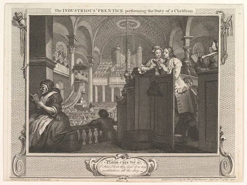The Industrious 'Prentice Performing the Duty of a Christian (Industry and Idleness, plate 2) by William Hogarth, print, 1747