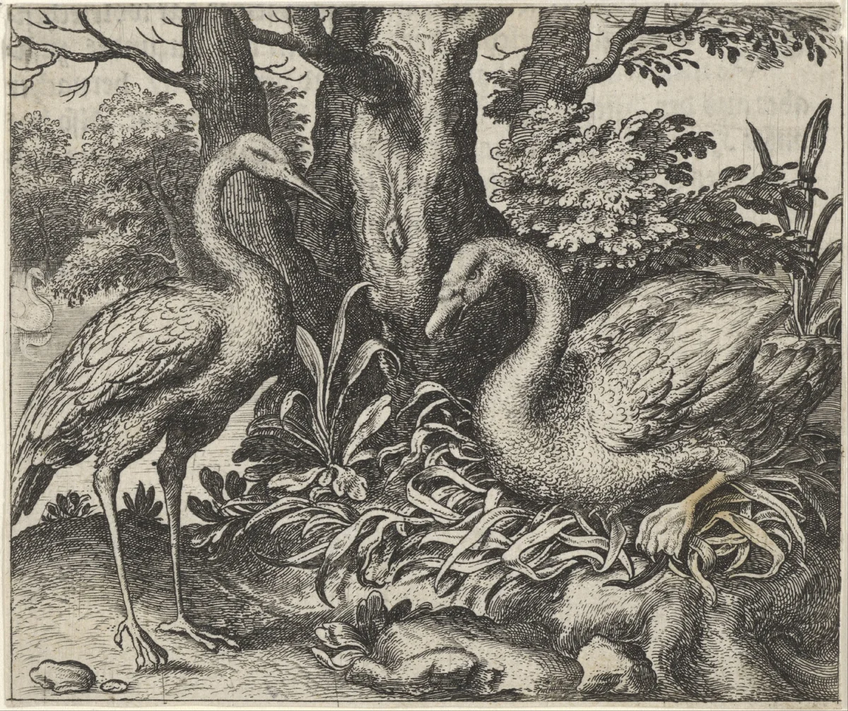 Fabel van de zwaan en de ooievaar by Aegidius Sadeler, print, 1608