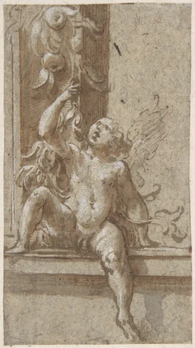 A Putto Seated on a Frame by Girolamo Mazzola Bedoli, drawing, 1533-1545