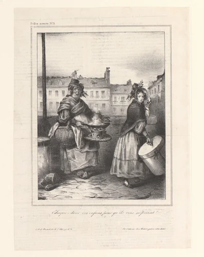 Karikatuur van een arme vrouw die haar dochter te goed heeft opgevoed by anonymous, print, 1832-1850