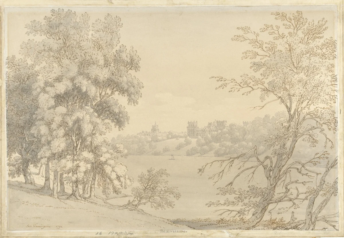Gezicht op Blenheim Palace over het meer Blenheim by Joseph Farington, drawing, 1792