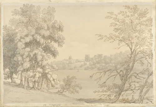Gezicht op Blenheim Palace over het meer Blenheim by Joseph Farington, drawing, 1792