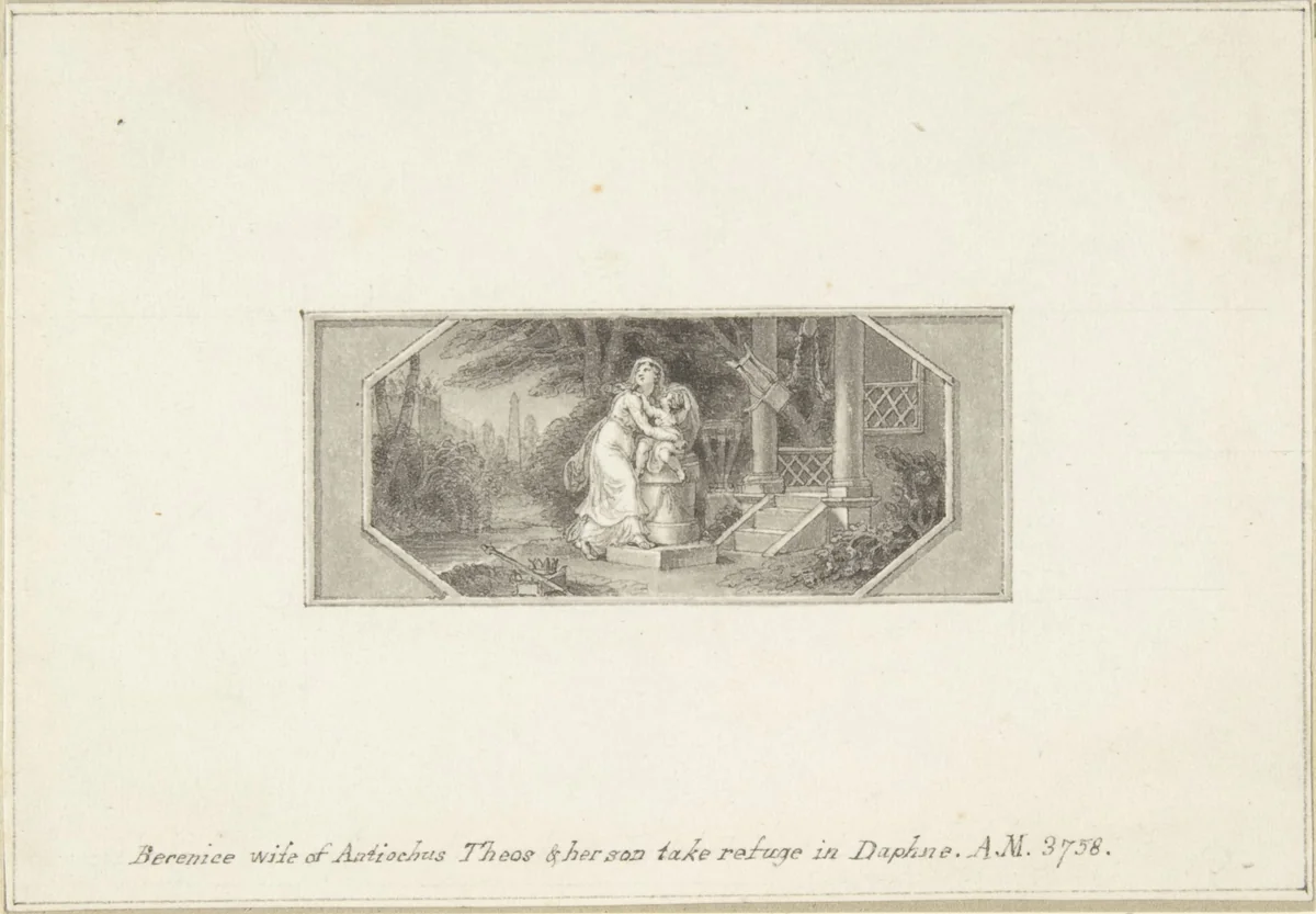 Berenice, wife of Antiochus Theos, and her son take refuge in Daphne by Edward Francis Burney, drawing, 1790-1800