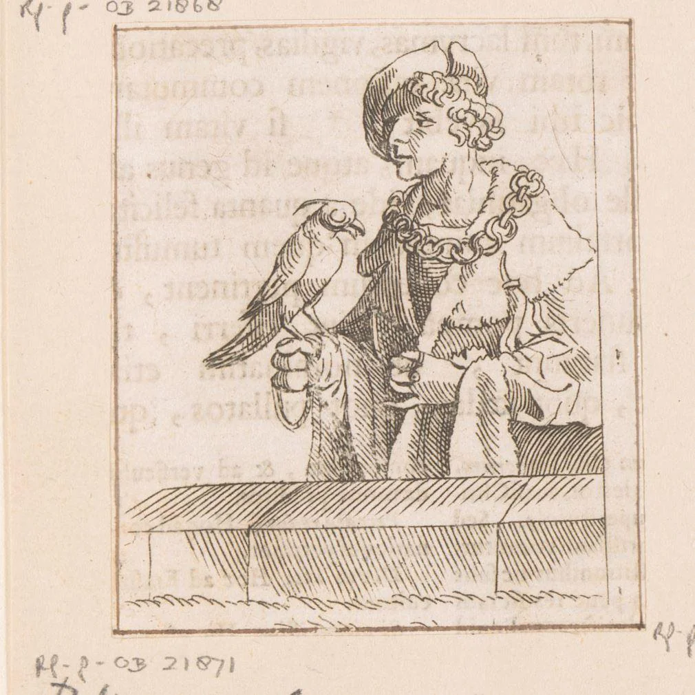 Edelman met een valk by Caspar Merian, print, 1516